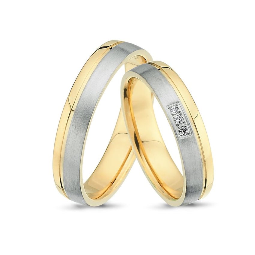 Stilfulde Nuran vielsesringe i 14 kt guld og hvidguld med 3 x 0,01 ct diamanter